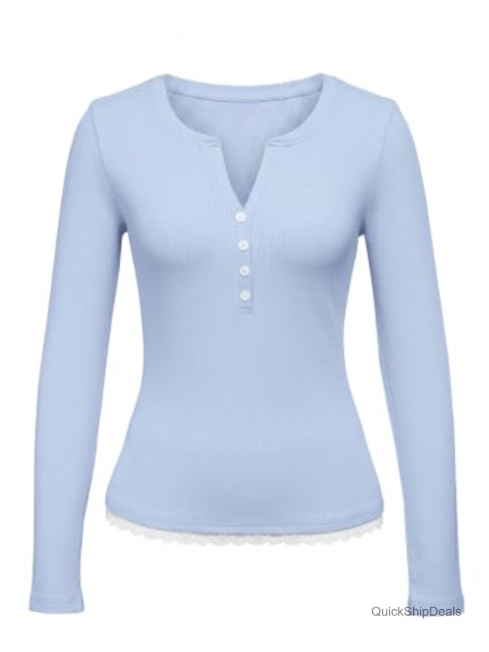 Ribbed Knit Long Sleeve Henley Top Lace Trim Button Front Blouse